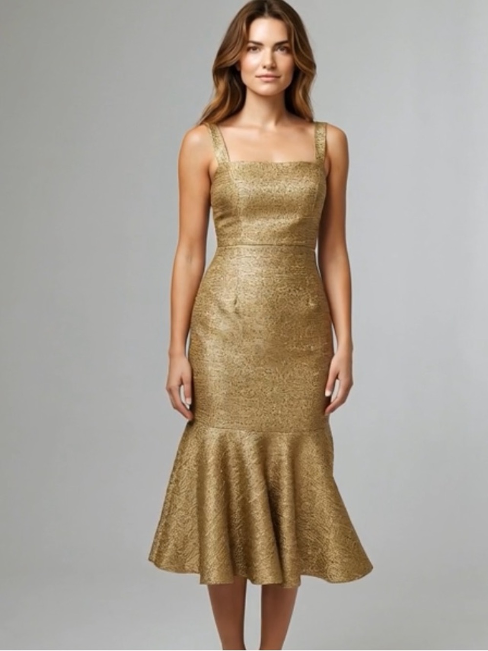 Mestiza NY Gold Trumpet Hem Square Neck Jody Metallic Tweed Occasion Midi Dress
